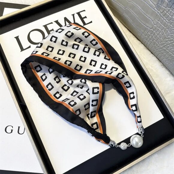 Boutique Accessories - 2/$30 Magnetic Snap Silk Scarf White Black Prints Beads Headband Bandana Gifts
